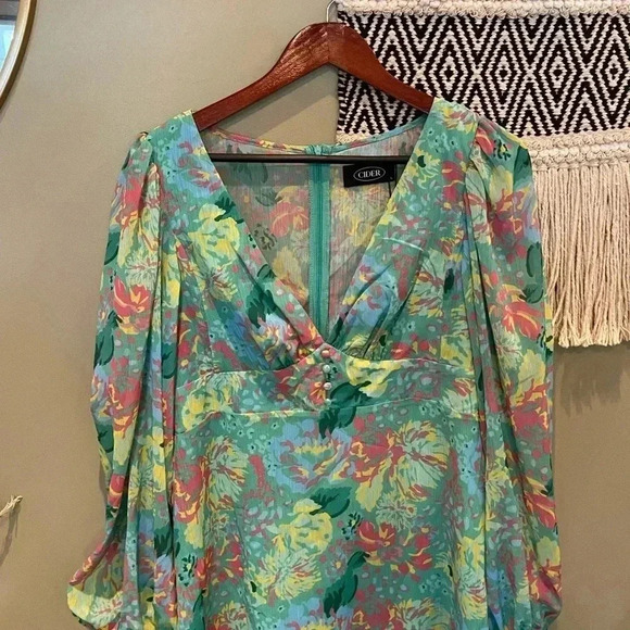 CIDER FLORAL LONG SLEEVE RUFFLE MINI DRESS SIZE L NWT - Picture 3 of 7